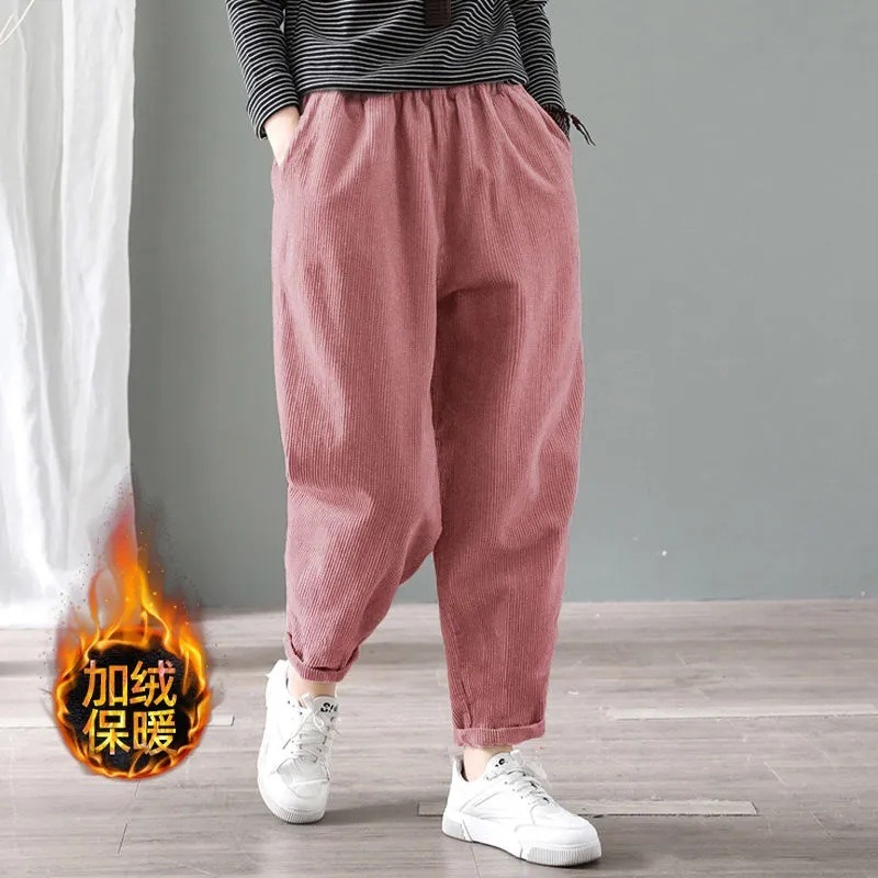Corduroy Pant Warm - Damskie spodnie haremowe z tkaniny sztruksowej,
